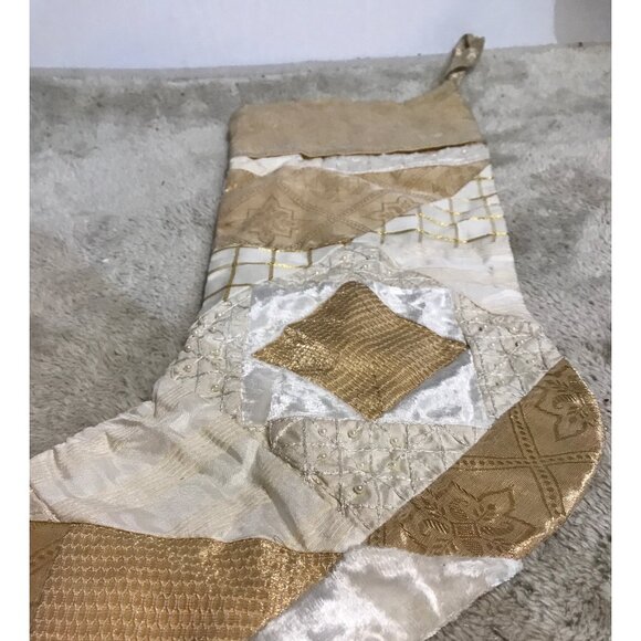 Elegant Patchwork Christmas Stocking Beige & Gold 19" - Picture 4 of 6